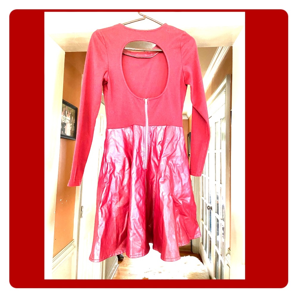 Red Open Back Pleather Skirt Dress